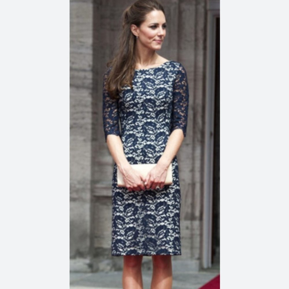 Blue lace dress, ivory lining